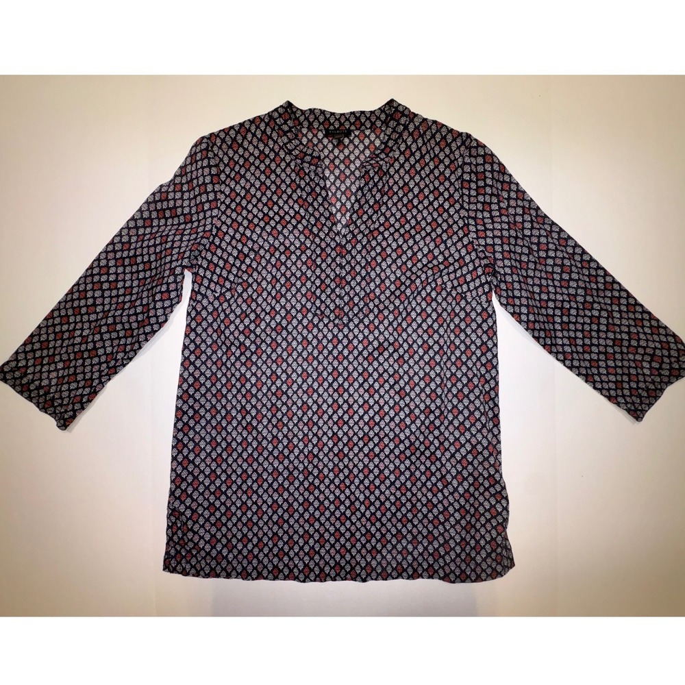 Talbots Womens SZ S Navy Red White Geometric Print V Neck Blouse Top 3/4 Sleeve